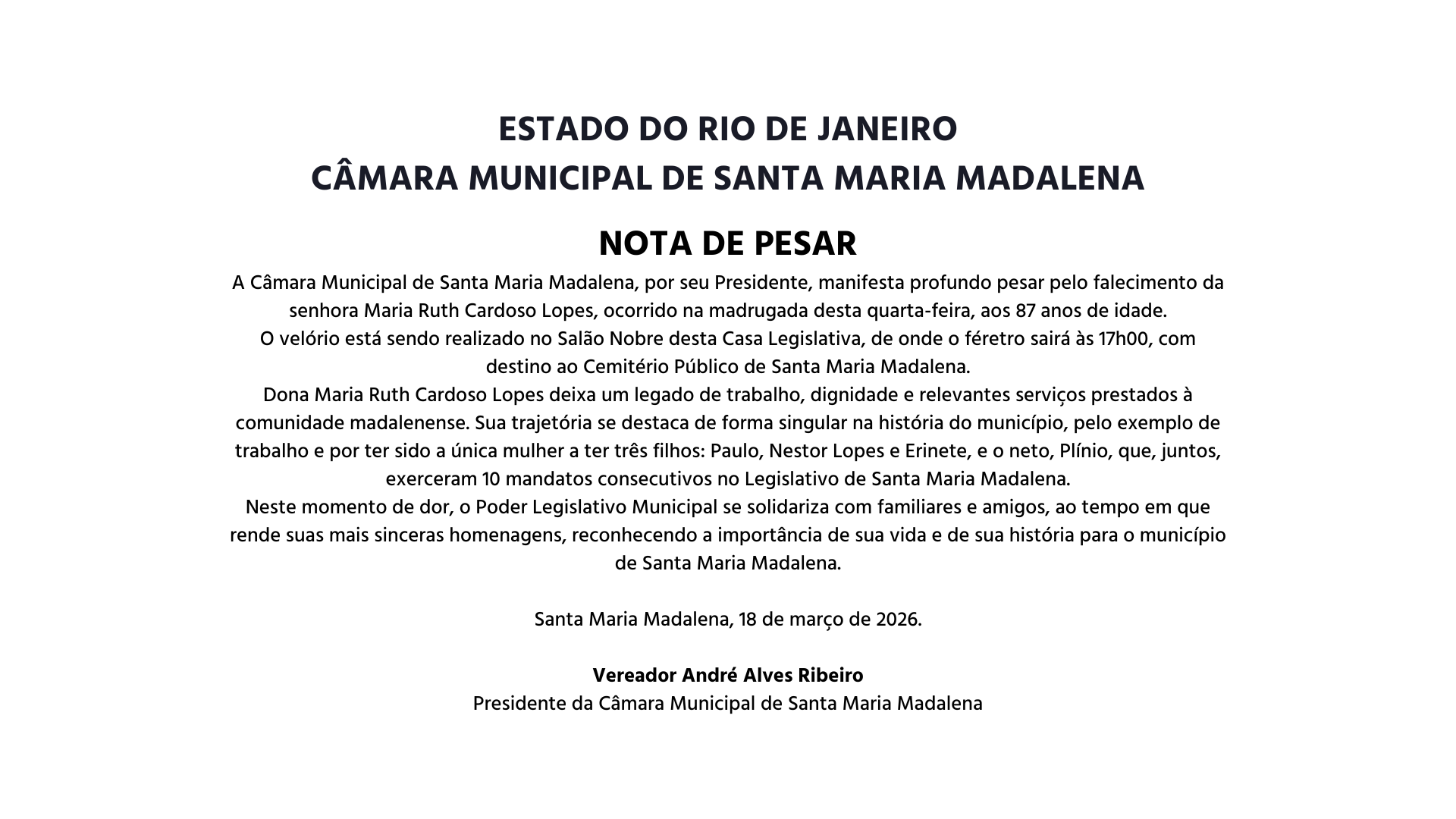 Nota de Pesar pelo falecimento da senhora Maria Ruth Cardoso Lopes
